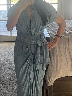 Light Blue Button-Front Tie-Waist Maxi Dress
